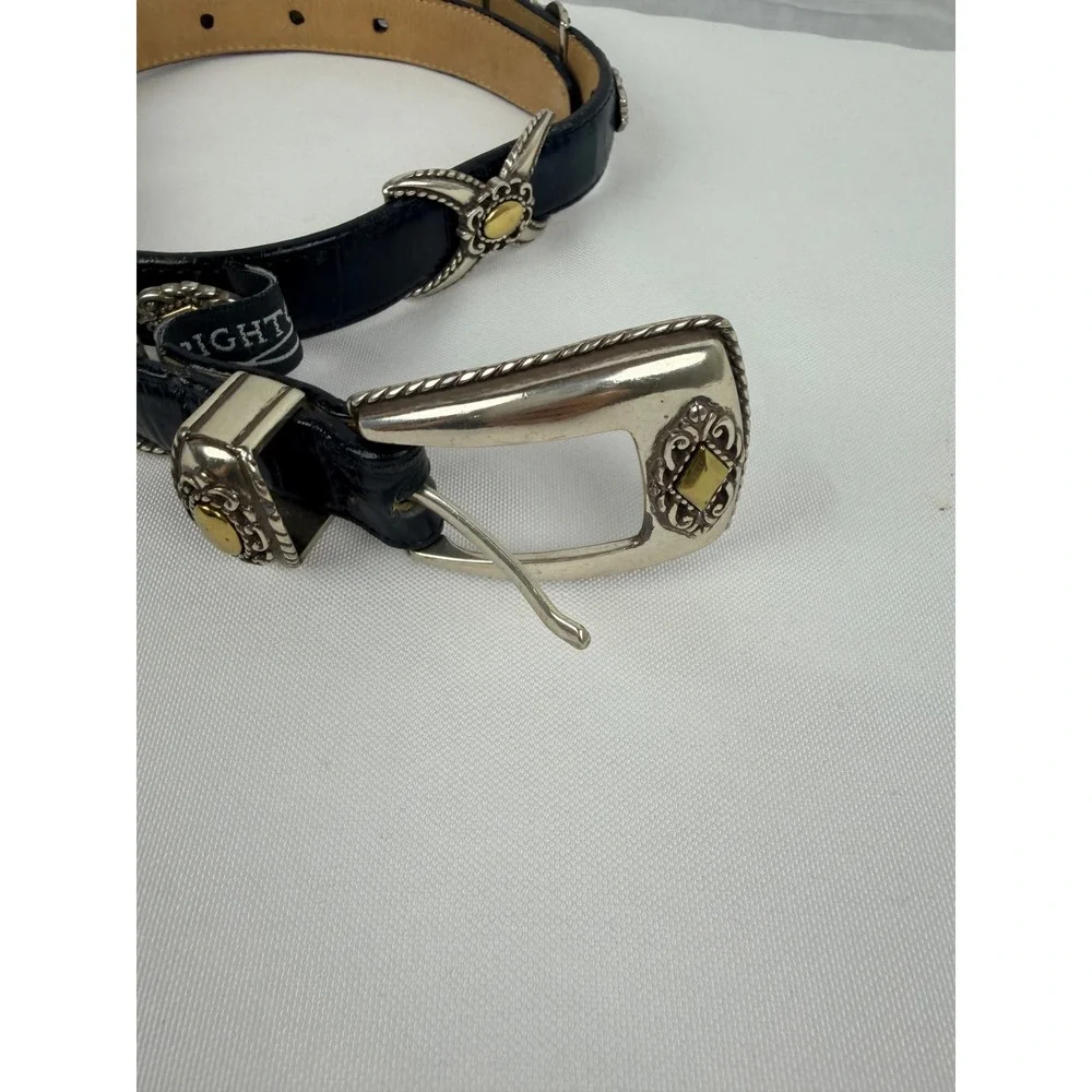 Brighton Black Croc Embossed Leather Western Concho Belt Silver Gold Size M 30